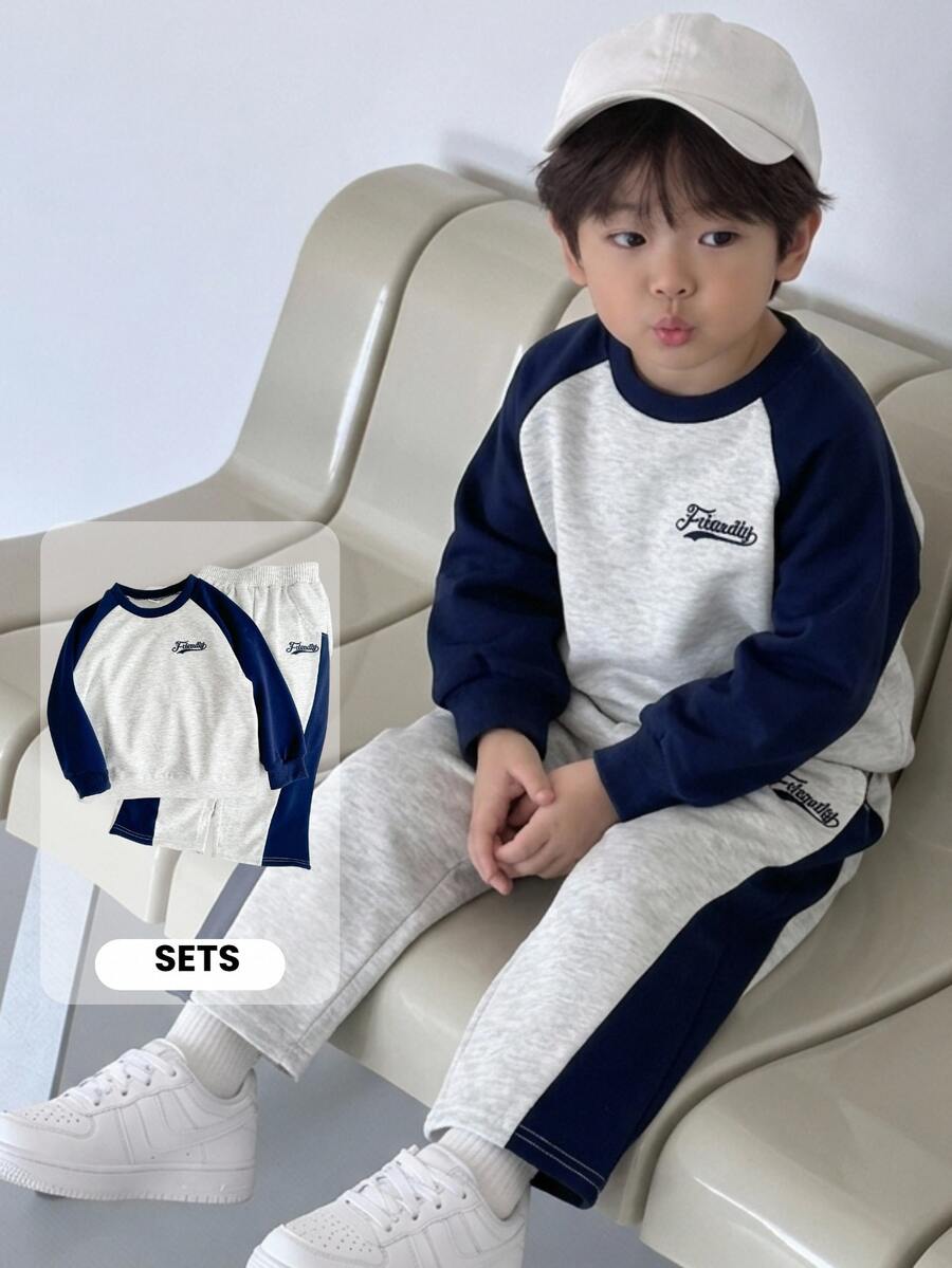 SHEIN Genkimix Kids Boys Embroidery Letter Pattern Baby White Contrast Raglan Sleeve Sweatshirt Loose Fit Pants Set Tracksuit School Back-To-School Autumn Birthday