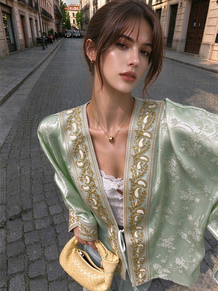 Cévolie Women's Solid Color Pearl Heavy Embroidery Gold Thread Lace Trim Elegant Early Fall Top Jacket Dinner Night Light Green - Green - View 1