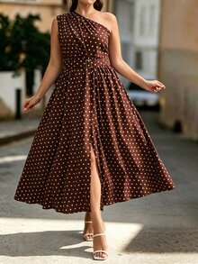 Velvienne Plus Size Woven Printed Elegant Summer Women's Dress For Vacation - Coffee Brown - View 3