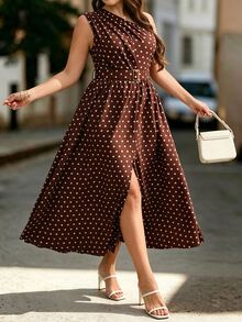 Velvienne Plus Size Woven Printed Elegant Summer Women's Dress For Vacation - Coffee Brown - View 5