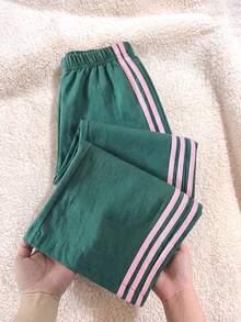 SHEIN 少女休閒運動百搭拼色淺藍色長褲 秋季游泳禮物 - 綠色 - 查看 1