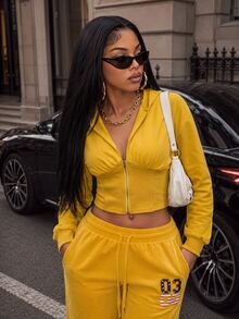 Slayform Slayform Women's Solid Yellow Cinched Waist Hooded Open Front Deep Neckline Casual Sweatshirt - Yellow - View 9