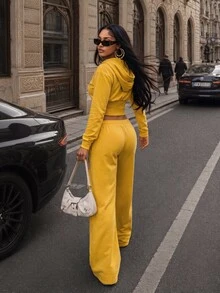 Slayform Slayform Women's Solid Yellow Cinched Waist Hooded Open Front Deep Neckline Casual Sweatshirt - Yellow - View 3