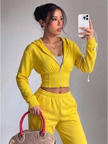 Slayform Slayform Women's Solid Yellow Cinched Waist Hooded Open Front Deep Neckline Casual Sweatshirt - Yellow - View 2