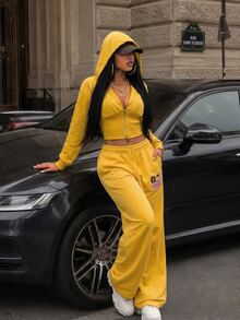 Slayform Slayform Women's Solid Yellow Cinched Waist Hooded Open Front Deep Neckline Casual Sweatshirt - Yellow - View 4