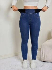 SHEIN PETITE 女款交叉腰帶性感口袋牛仔褲 冬季萬聖節聖誕派對穿搭 - 藍色 - 查看 6