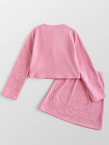 Maija Kids Maija Kids 1套前青春期女孩優雅時尚粉色玫瑰圖案長袖外套與裙子套裝，適合室內、日常、運動、攝影、秋冬假期 - 粉色 - 查看 3