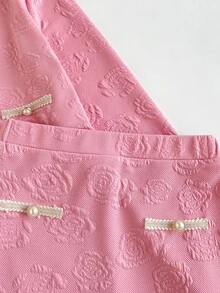 Maija Kids Maija Kids 1套前青春期女孩優雅時尚粉色玫瑰圖案長袖外套與裙子套裝，適合室內、日常、運動、攝影、秋冬假期 - 粉色 - 查看 5