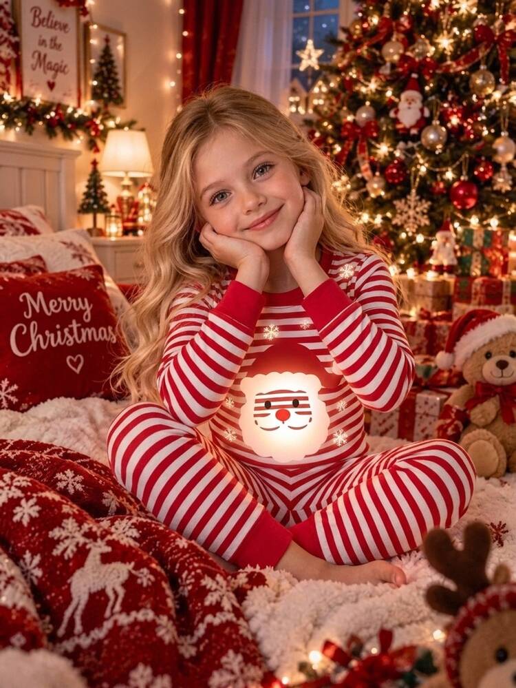 SHEIN Tween Girls Kids Autumn/Winter Christmas Cute Fashion Versatile Party Long Sleeve Pants Set, Snug Fit For Daily Wear And - Red and White - View 1