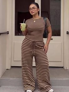 Muchica Brown Striped T-Shirt Pants 2 Pieces Set Plus Size Brunch Vacation Birthday Summer Casual 90s 1920s - Brown - View 3