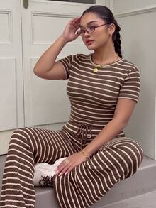 Muchica Brown Striped T-Shirt Pants 2 Pieces Set Plus Size Brunch Vacation Birthday Summer Casual 90s 1920s - Brown - View 1