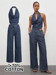 Maija 女款垂領鉚釘上衣與牛仔褲兩件套,夏季休閒街頭時尚丹寧套裝,可愛派對夜生活穿搭,藍色 - 藍色 - 查看 11