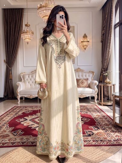 Al Najma 女式花卉数码印花 V 领长袖优雅阿拉伯风格长裙，春秋季