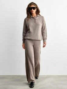 SHEIN طقم 2 قطعة كنزة وبنطلون كنزة بياقة عالية وأزرار صينية وأكمام طويلة وقصة عادية باللون البني - بني - مشاهدة 4