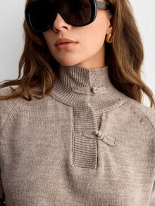 SHEIN طقم 2 قطعة كنزة وبنطلون كنزة بياقة عالية وأزرار صينية وأكمام طويلة وقصة عادية باللون البني - بني - مشاهدة 6