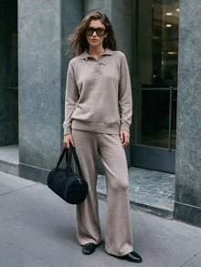 SHEIN طقم 2 قطعة كنزة وبنطلون كنزة بياقة عالية وأزرار صينية وأكمام طويلة وقصة عادية باللون البني - بني - مشاهدة 1
