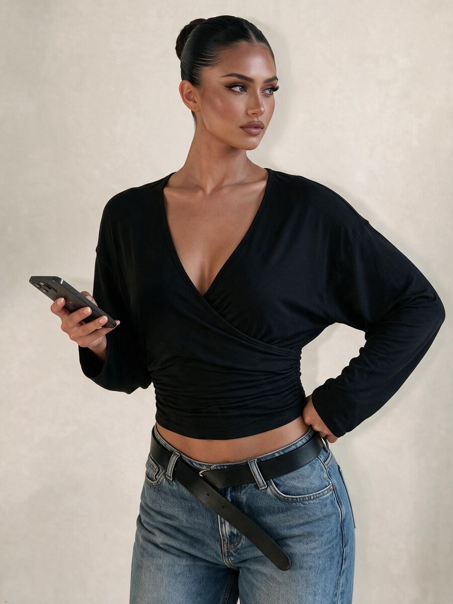 Sirith Black Criss-Cross Low Neck Long Sleeve Ruched Waist Cropped Top Slimming Base Layer - Black - View 1