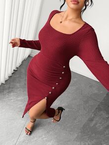 Velvienne Plus Size Lady's Elegant Square-Necked Autumn Knitted Dress Fall Christmas Party Dinner Burgundy - Red - View 7