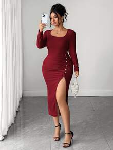 Velvienne Plus Size Lady's Elegant Square-Necked Autumn Knitted Dress Fall Christmas Party Dinner Burgundy - Red - View 4