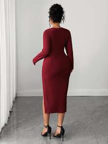 Velvienne Plus Size Lady's Elegant Square-Necked Autumn Knitted Dress Fall Christmas Party Dinner Burgundy - Red - View 2