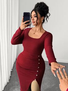 Velvienne Plus Size Lady's Elegant Square-Necked Autumn Knitted Dress Fall Christmas Party Dinner Burgundy - Red - View 3