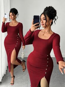 Velvienne Plus Size Lady's Elegant Square-Necked Autumn Knitted Dress Fall Christmas Party Dinner Burgundy - Red - View 5