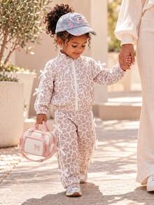 SHEIN Toddler Girl Jacket Pants Pink And White Striped Leopard Print Bow Ribbon Side Stripe Long Sleeve Mock Neck Birthday School Party Family Fall - Multicolor - View 3