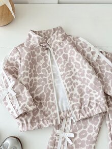 SHEIN Toddler Girl Jacket Pants Pink And White Striped Leopard Print Bow Ribbon Side Stripe Long Sleeve Mock Neck Birthday School Party Family Fall - Multicolor - View 6