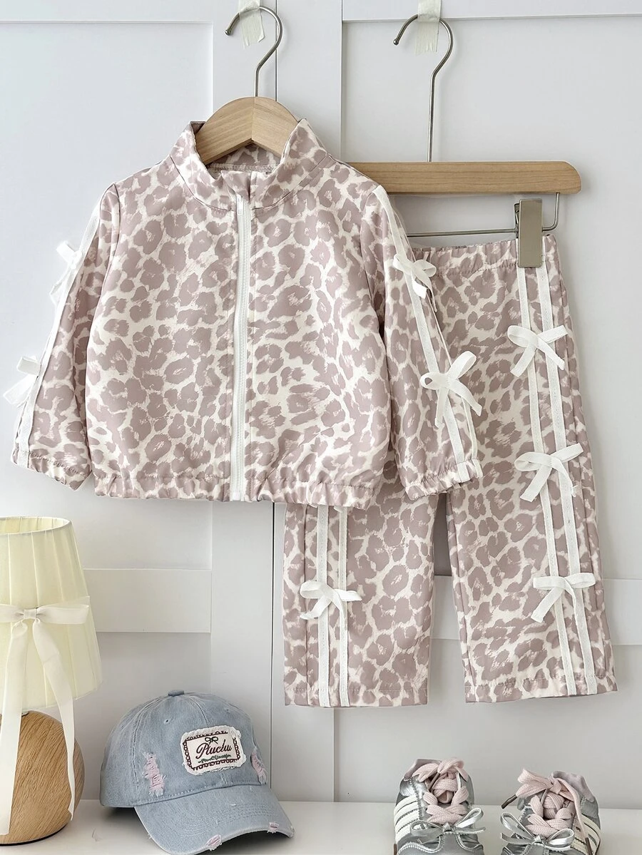 SHEIN Toddler Girl Jacket Pants Pink And White Striped Leopard Print Bow Ribbon Side Stripe Long Sleeve Mock Neck Birthday School Party Family Fall - Multicolor - View 1