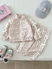 SHEIN Toddler Girl Jacket Pants Pink And White Striped Leopard Print Bow Ribbon Side Stripe Long Sleeve Mock Neck Birthday School Party Family Fall - Multicolor - View 7
