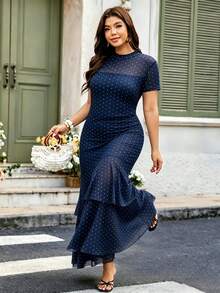 Velvienne Plus Size Women's Spring/Summer Elegant Black Trim Polka Dot Mesh Double Layer Ruffle Hem Dress Party Wedding - Navy Blue - View 4