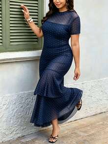 Velvienne Plus Size Women's Spring/Summer Elegant Black Trim Polka Dot Mesh Double Layer Ruffle Hem Dress Party Wedding - Navy Blue - View 5