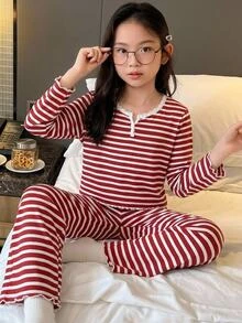 SHEIN Tween Girls Tween Girl Kids Striped Pattern -Neck Half- Front Ruffle Long Sleeve Pants Soft Comfortable Loungewear Pajama Set 2 Pieces Tween Girl - Red and White - View 9