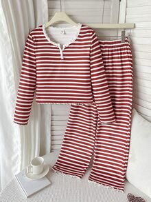 SHEIN Tween Girls Tween Girl Kids Striped Pattern -Neck Half- Front Ruffle Long Sleeve Pants Soft Comfortable Loungewear Pajama Set 2 Pieces Tween Girl - Red and White - View 11