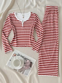 SHEIN Tween Girls Tween Girl Kids Striped Pattern -Neck Half- Front Ruffle Long Sleeve Pants Soft Comfortable Loungewear Pajama Set 2 Pieces Tween Girl - Red and White - View 3