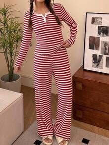SHEIN Tween Girls Tween Girl Kids Striped Pattern -Neck Half- Front Ruffle Long Sleeve Pants Soft Comfortable Loungewear Pajama Set 2 Pieces Tween Girl - Red and White - View 2
