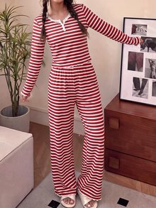 SHEIN Tween Girls Tween Girl Kids Striped Pattern -Neck Half- Front Ruffle Long Sleeve Pants Soft Comfortable Loungewear Pajama Set 2 Pieces Tween Girl - Red and White - View 8
