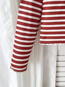 SHEIN Tween Girls Tween Girl Kids Striped Pattern -Neck Half- Front Ruffle Long Sleeve Pants Soft Comfortable Loungewear Pajama Set 2 Pieces Tween Girl - Red and White - View 4