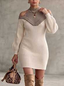 Velvienne Plus Size Women's Colorblock Mock Neck Cold Shoulder Knit Dress Fall Formal Evening Pink Casual Romantic - Beige - View 5