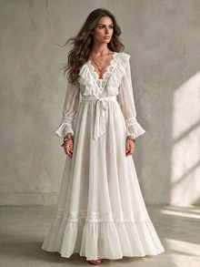Omancia Women's Extra Long V-Neck Ruffle Lace Trim Dress Suitable For Dating, Vacation, Party, Daily Wear, Gathering, Outdoor Activities - White - View 2
