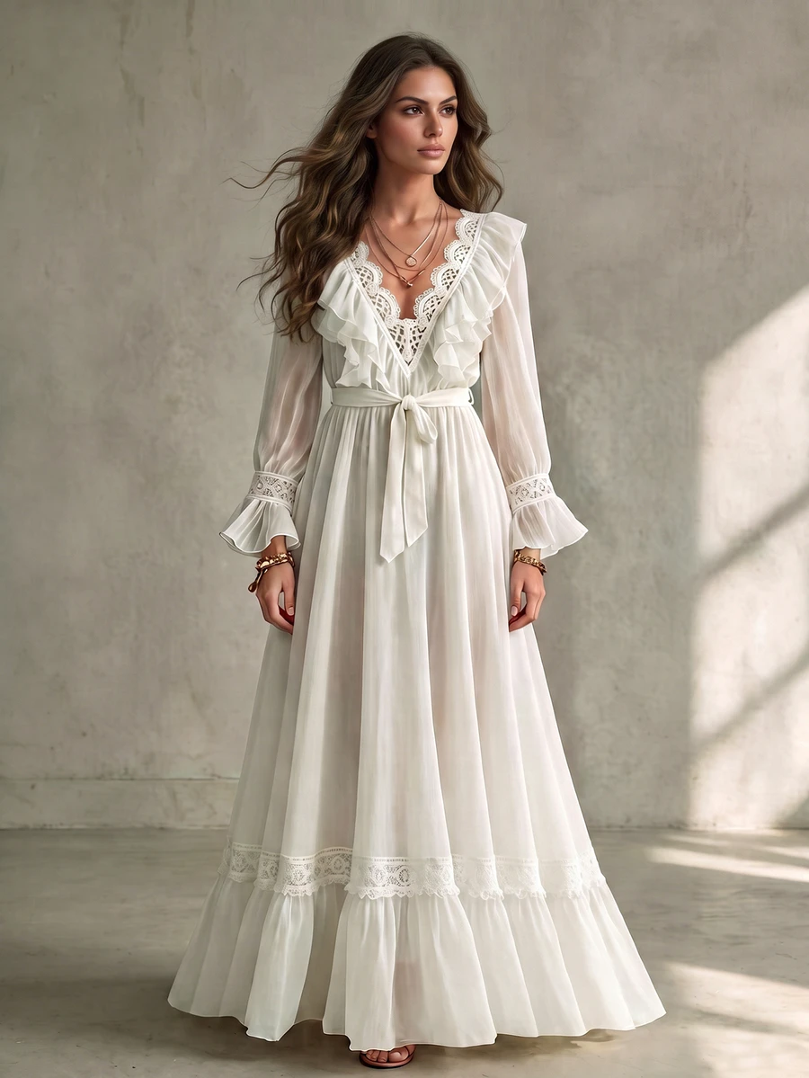 Omancia Women's Extra Long V-Neck Ruffle Lace Trim Dress Suitable For Dating, Vacation, Party, Daily Wear, Gathering, Outdoor Activities