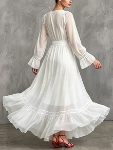 Omancia Women's Extra Long V-Neck Ruffle Lace Trim Dress Suitable For Dating, Vacation, Party, Daily Wear, Gathering, Outdoor Activities - White - View 3