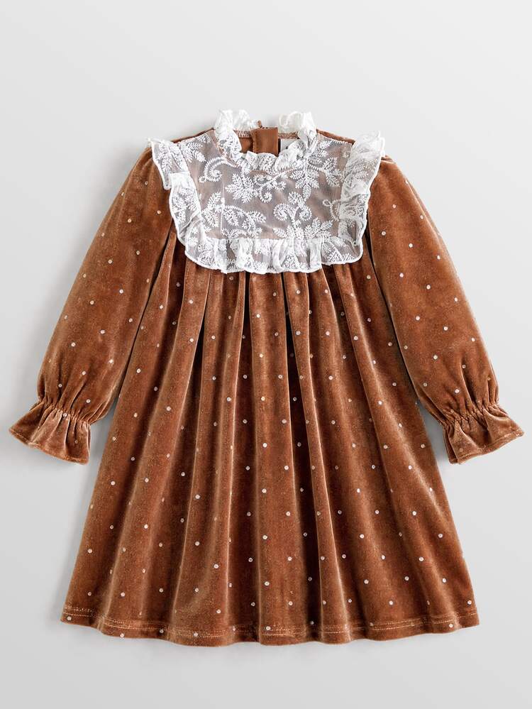 Maija Kids Maija Kids Young Girl Lace Patchwork Flared Cuff Dress - Gold - View 2