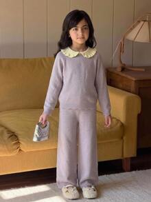 Dazy Kids Tween Girl Colorblock Peter Pan Collar Long Sleeve Sweater And Knitted Pants Casual Set Fall - Mauve Purple - View 13