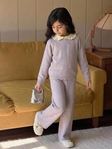 Dazy Kids Tween Girl Colorblock Peter Pan Collar Long Sleeve Sweater And Knitted Pants Casual Set Fall - Mauve Purple - View 9
