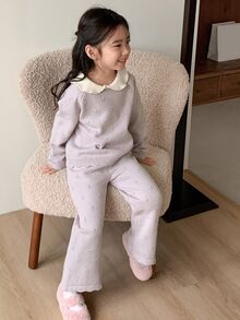 Dazy Kids Tween Girl Colorblock Peter Pan Collar Long Sleeve Sweater And Knitted Pants Casual Set Fall - Mauve Purple - View 3
