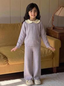 Dazy Kids Tween Girl Colorblock Peter Pan Collar Long Sleeve Sweater And Knitted Pants Casual Set Fall - Mauve Purple - View 12
