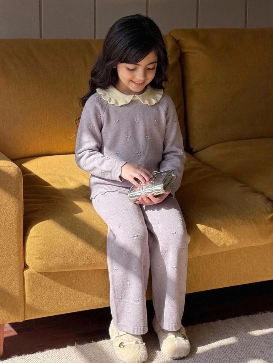 Dazy Kids Tween Girl Colorblock Peter Pan Collar Long Sleeve Sweater And Knitted Pants Casual Set Fall - Mauve Purple - View 1