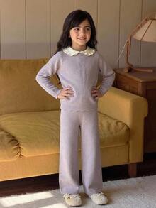 Dazy Kids Tween Girl Colorblock Peter Pan Collar Long Sleeve Sweater And Knitted Pants Casual Set Fall - Mauve Purple - View 10