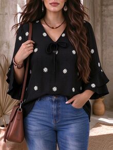 EMERY ROSE Plus Size V-Neck Tie-Front Ruched Blouse With Ruffle 3/4 Flare Sleeves, Loose Fit Printed Top For Casual, Light Commute, Light Social, Vacation And Travel - Black - View 3